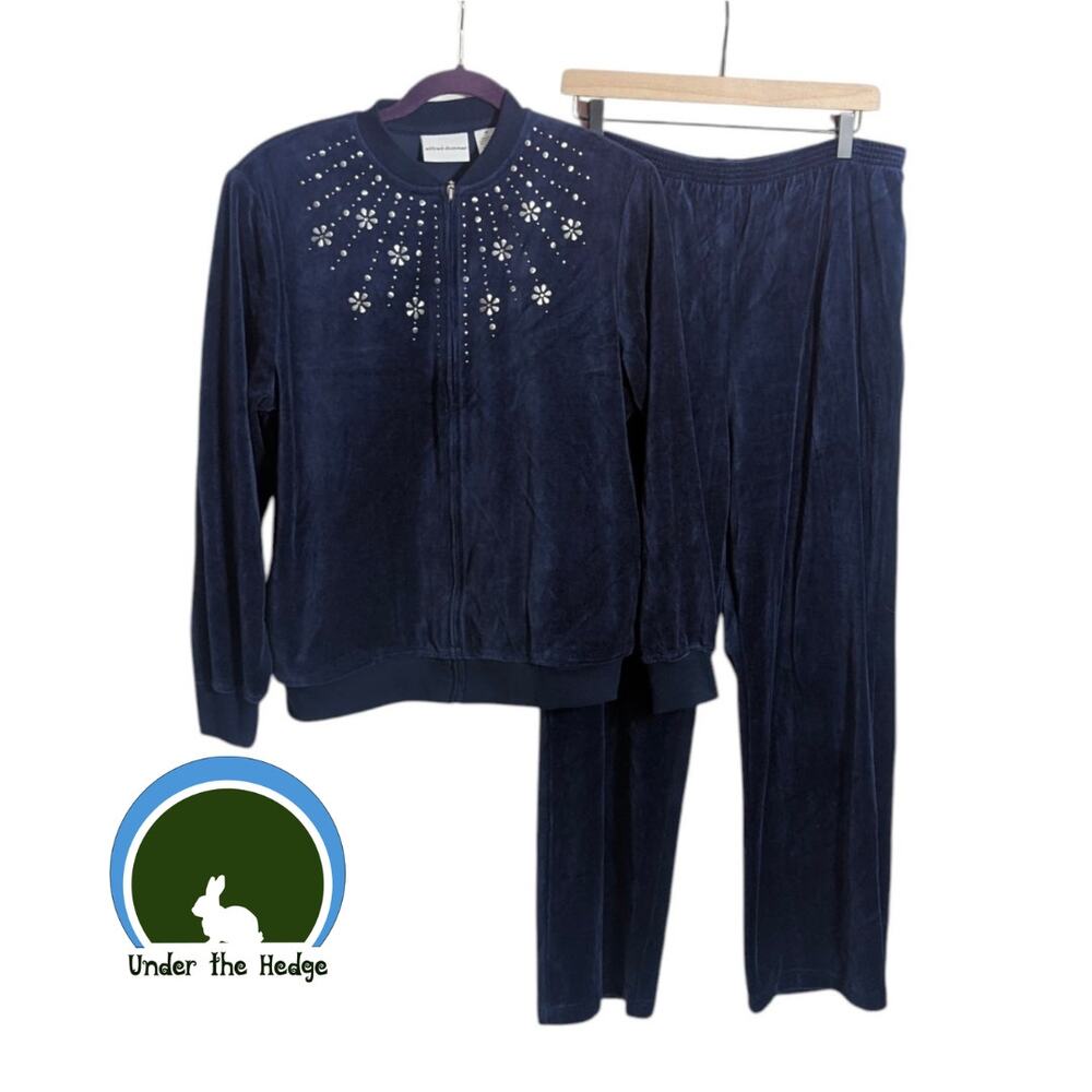 Alfred Dunner Navy Blue Studded 2pc Velour Track Suit Size 12 Cotton Blend